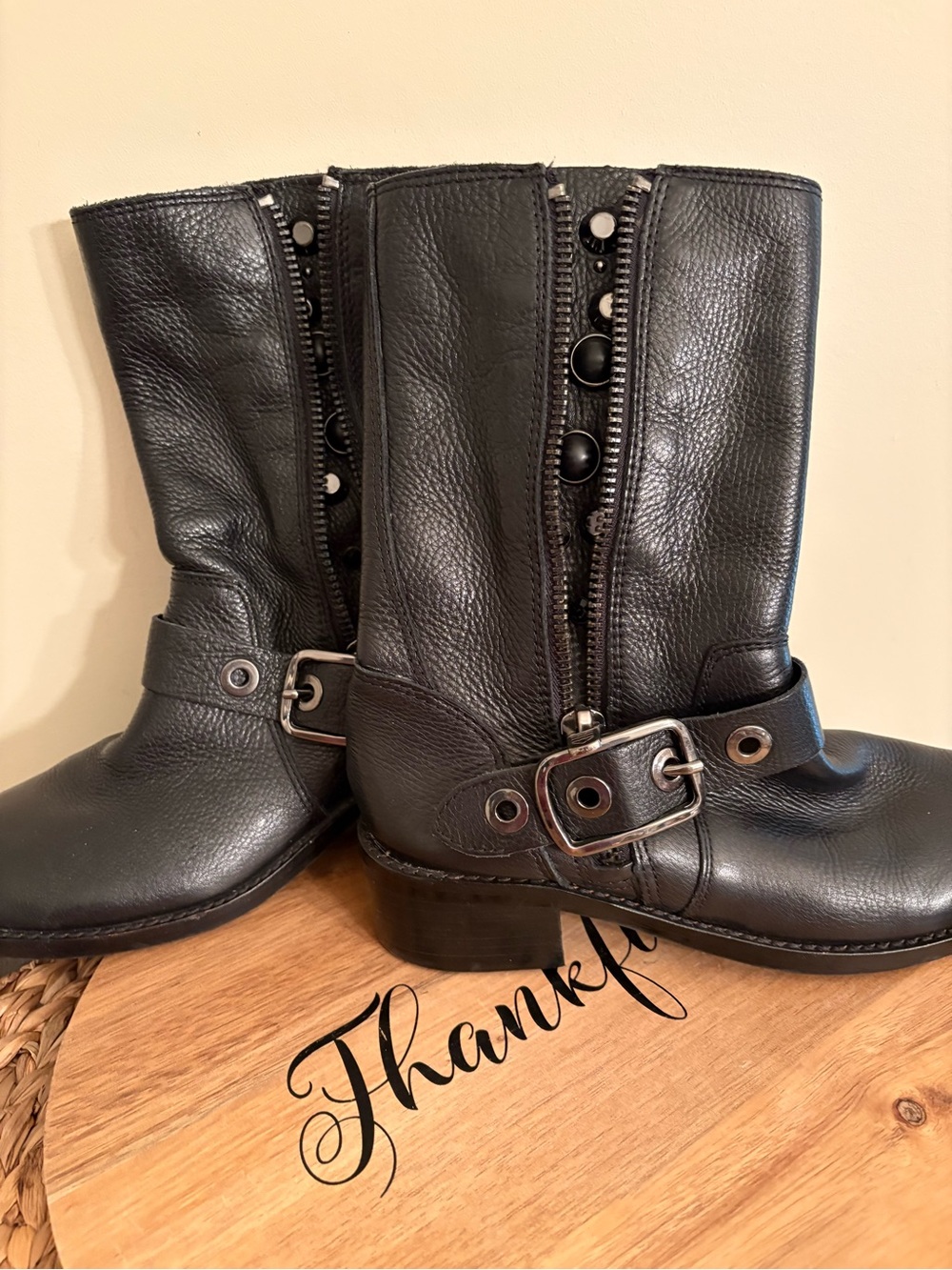 Vince Camuto Black Leather Combat Moto Boots